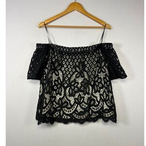 Goth Romantic Jella C. Womens Large Black Floral Lace Off Shoulder Strappy Top